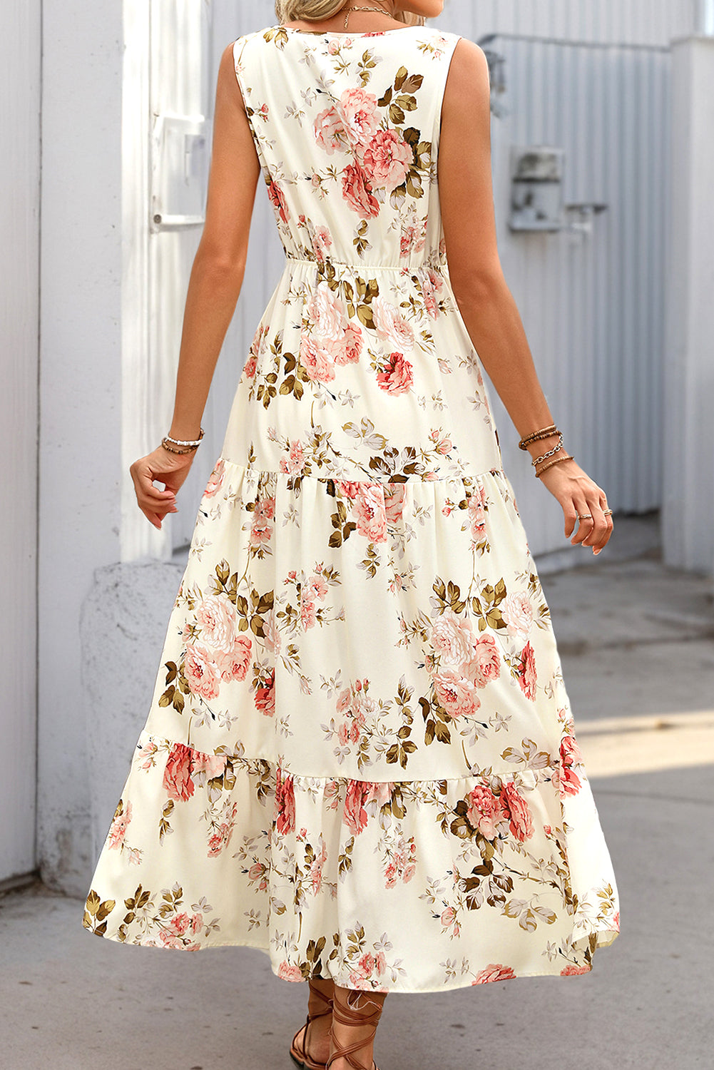 White Floral Print V Neck Sleeveless Tiered Dress