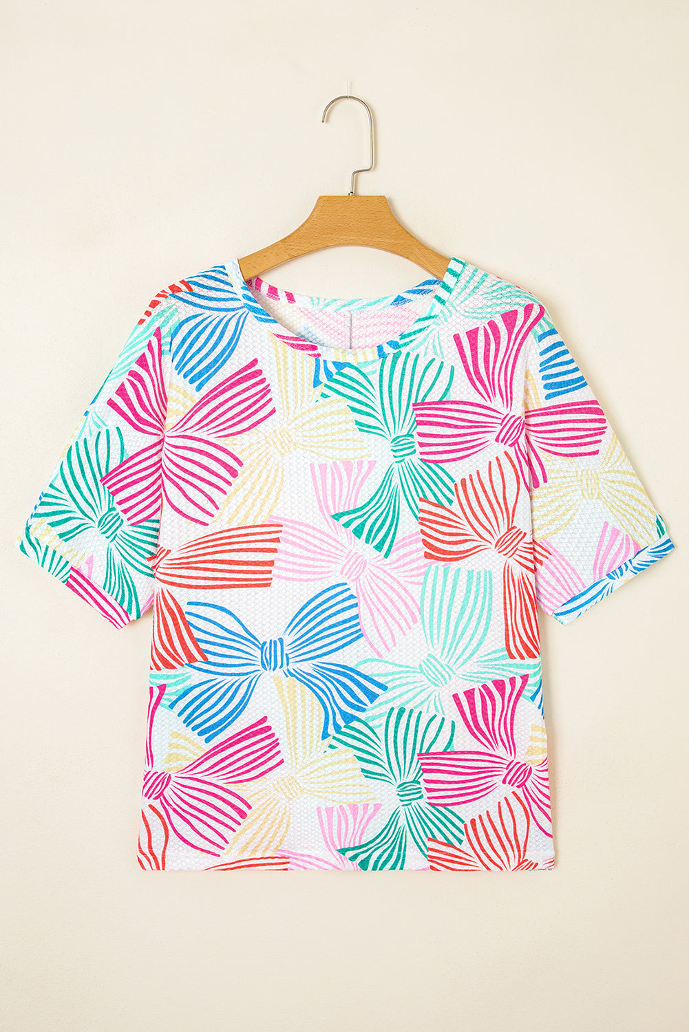 Sky Blue Bowknot Print Waffle Loose Tee