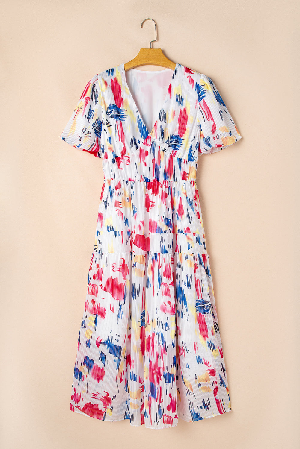 Sky Blue Abstract Print Short Puff Sleeve Tiered Maxi Dress