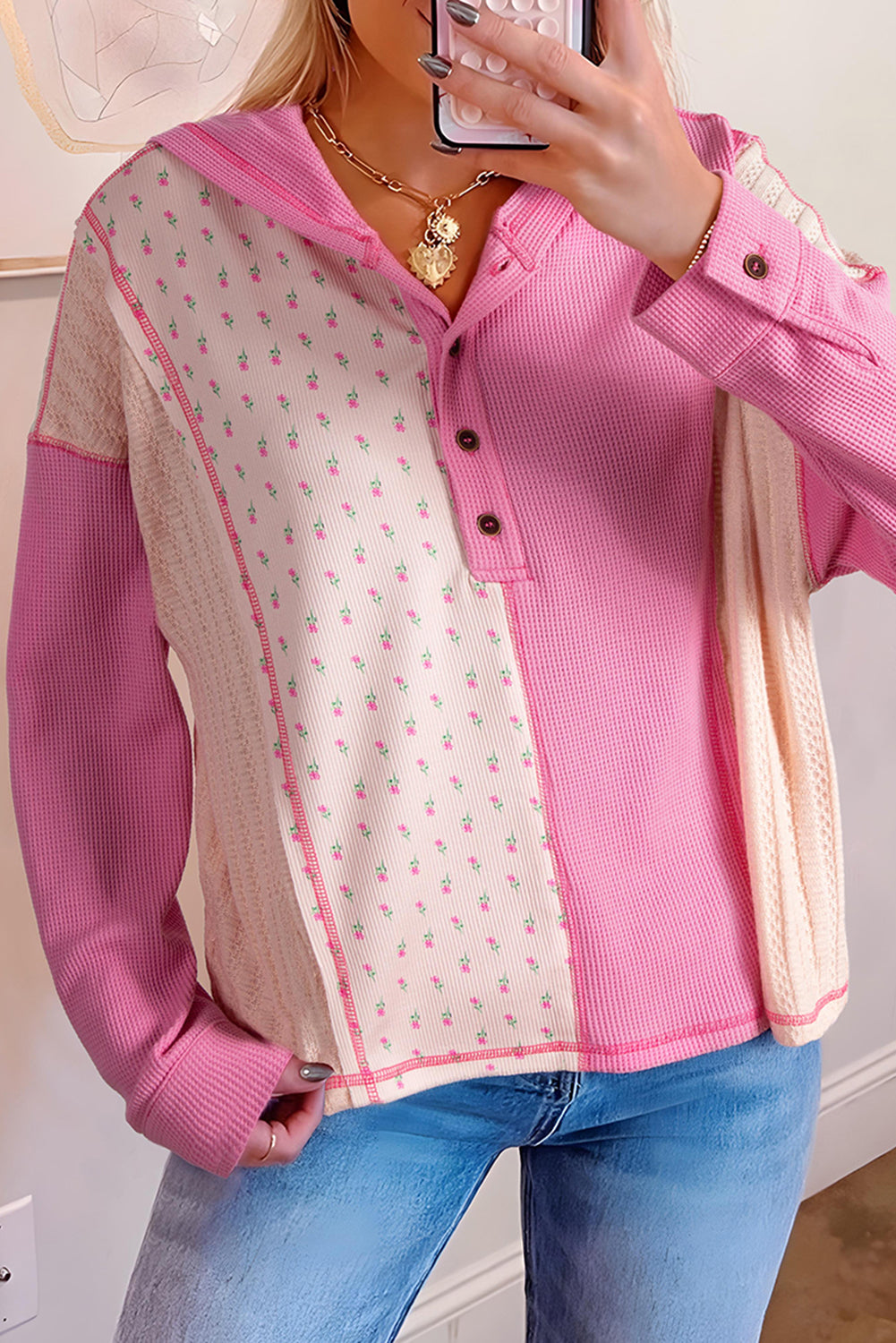Pink Mixed Texture Waffle Floral Patchwork Hooded Oversized Pullover Top