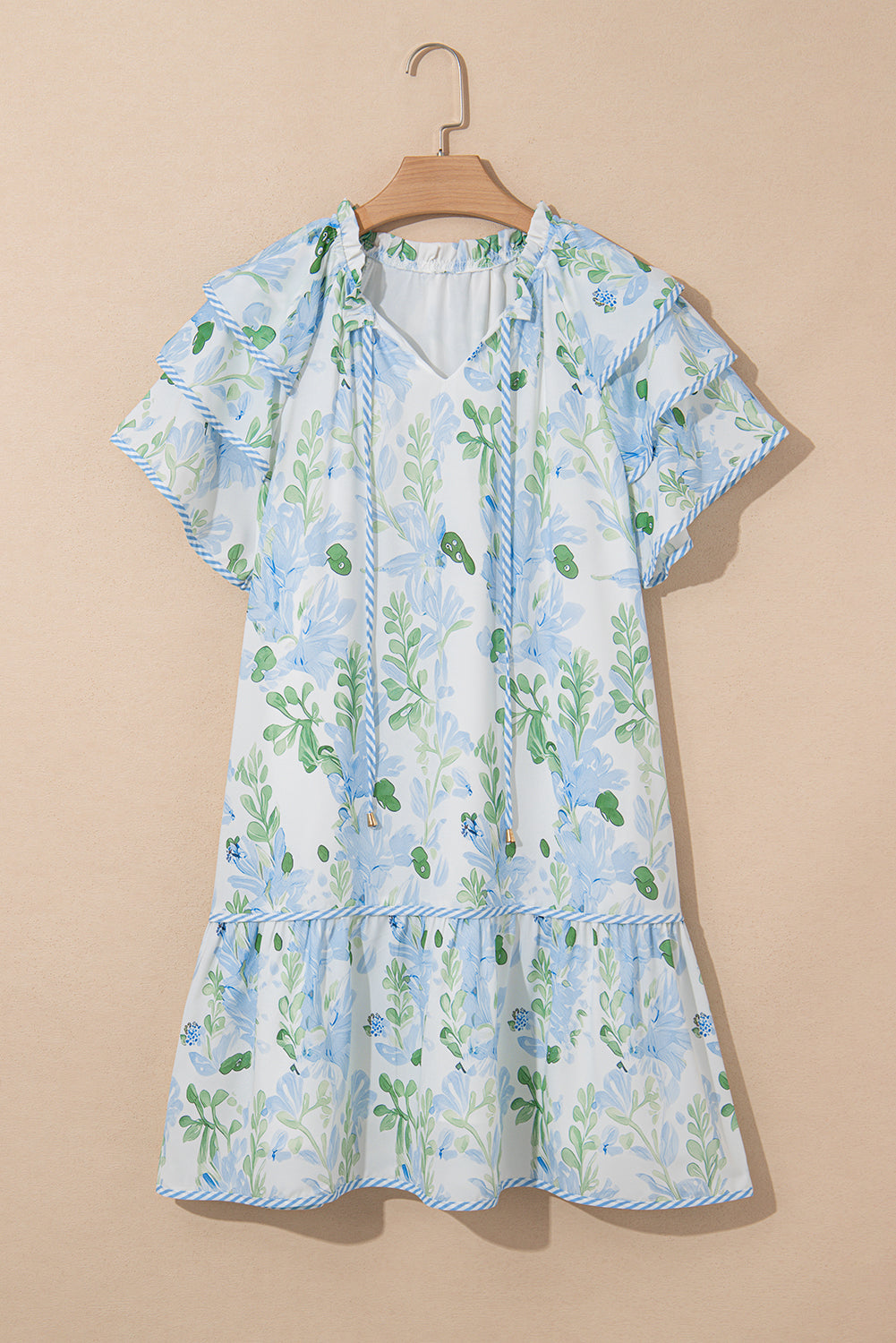 Orange Floral Contrast Edge Ruffle Sleeve Tie Neck Mini Dress