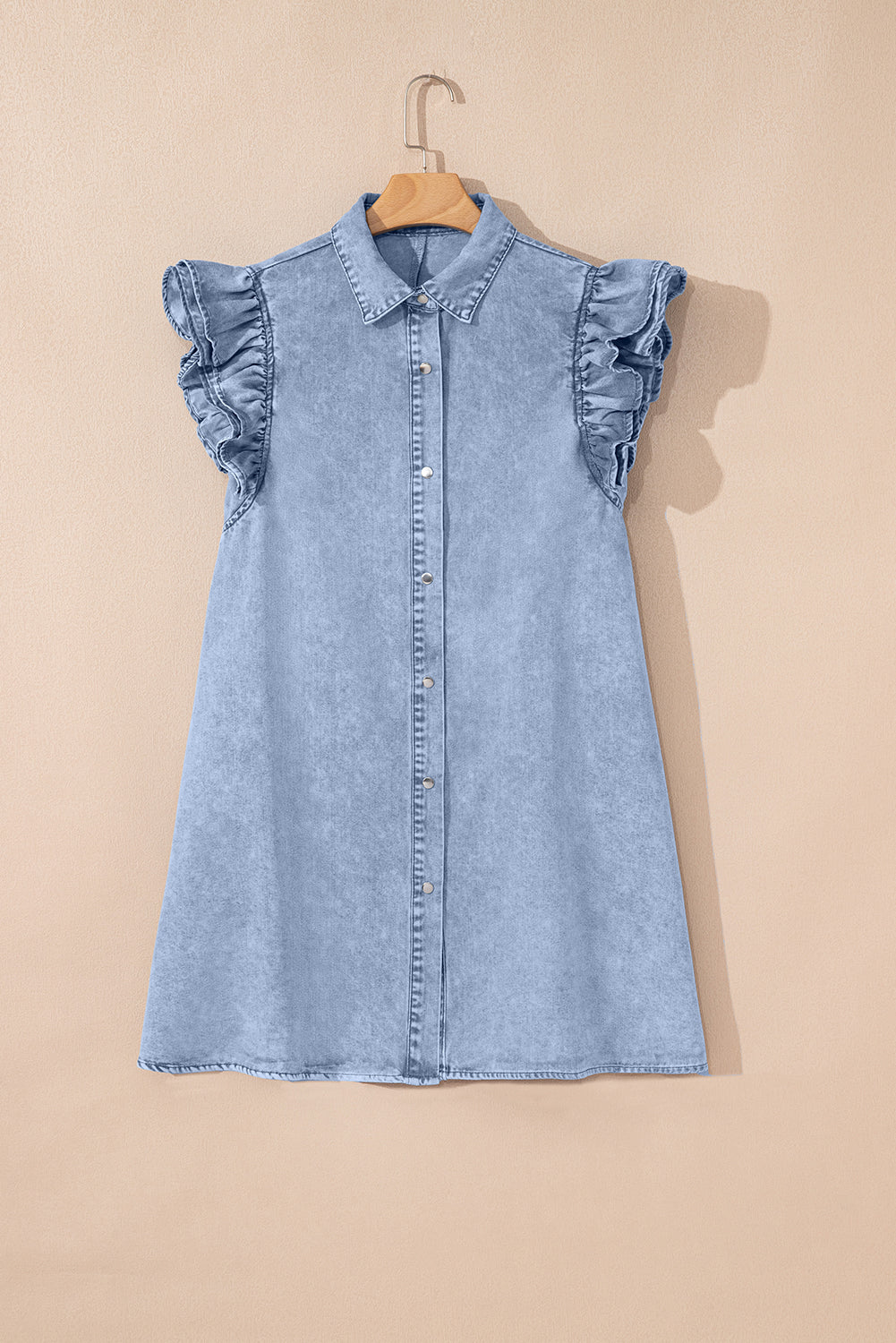 Beau Blue Ruffle Sleeve Button Down A-line Mini Denim Dress