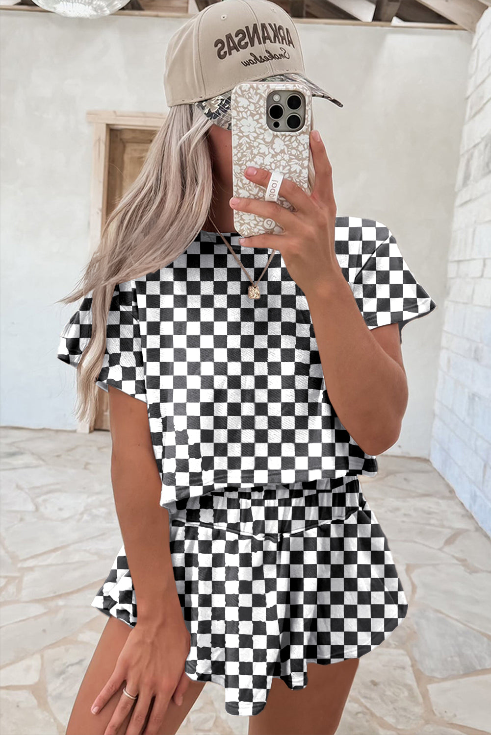 Black Checkerboard T Shirt and High Waist Skorts Set