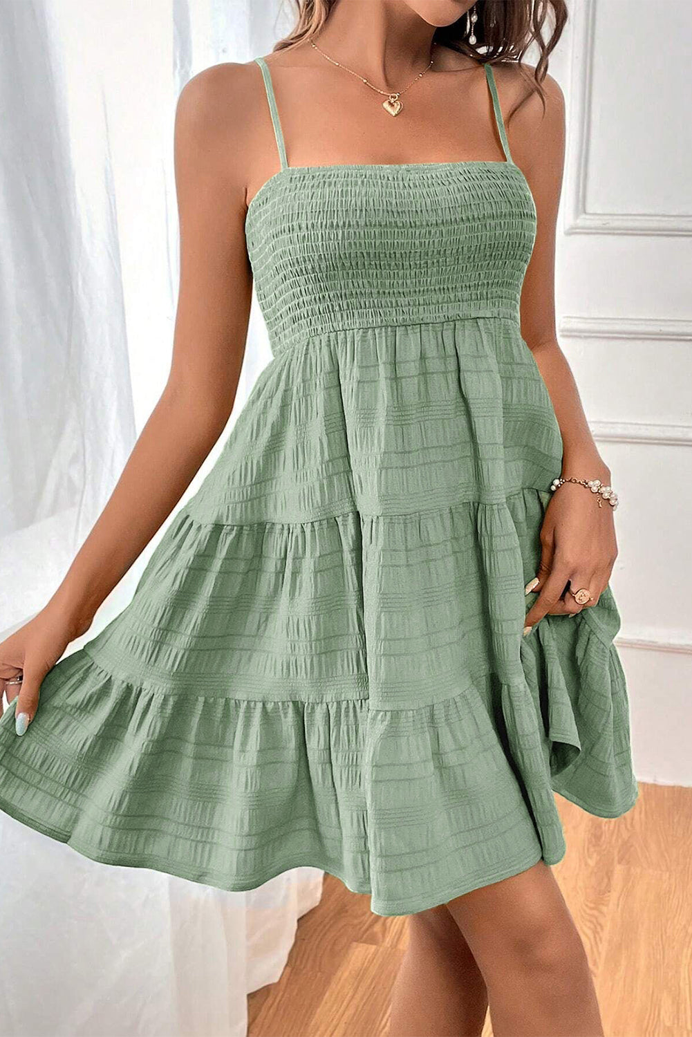 Smoke Green Solid Color Shirred Spaghetti Strap Textured Dress