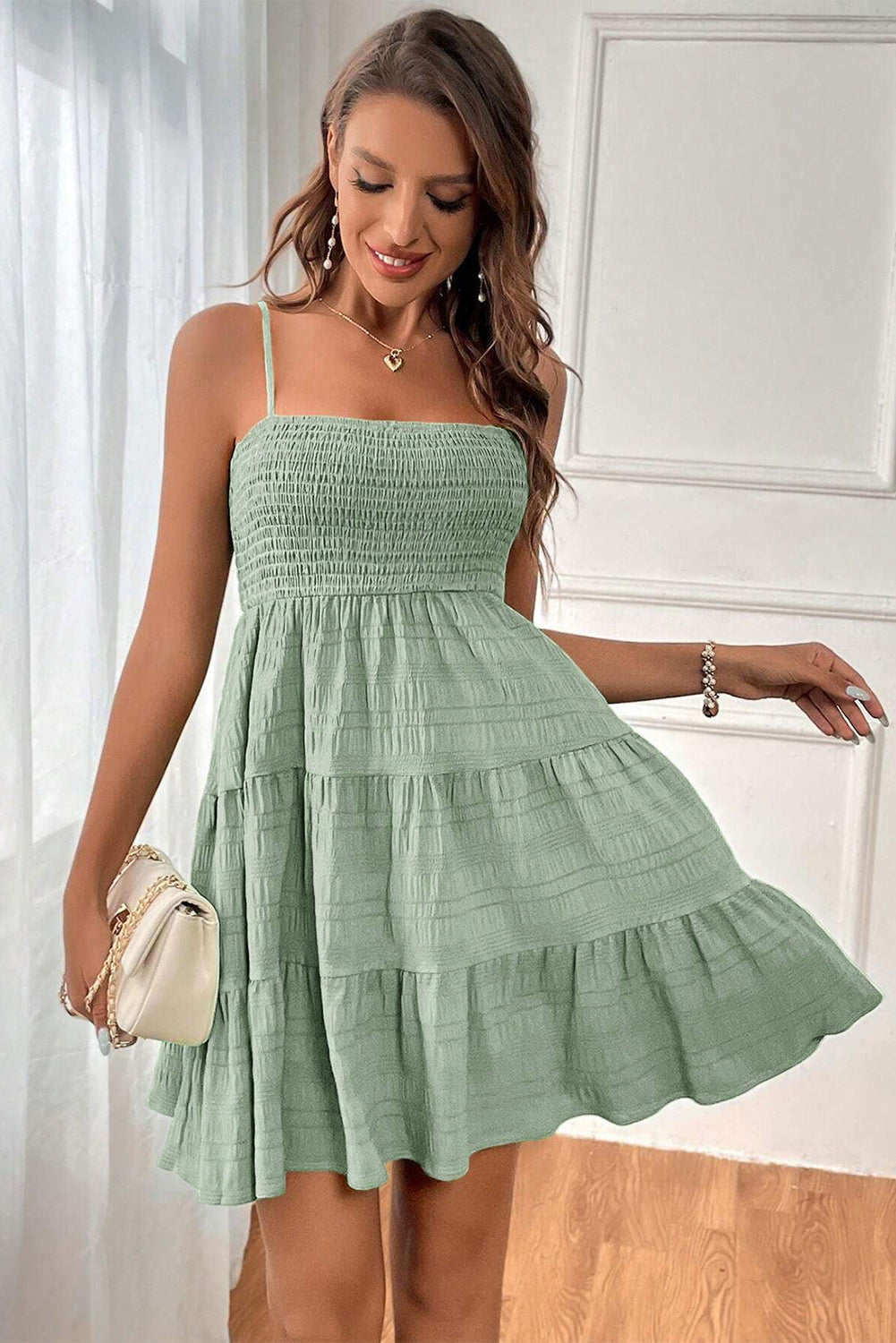 Smoke Green Solid Color Shirred Spaghetti Strap Textured Dress