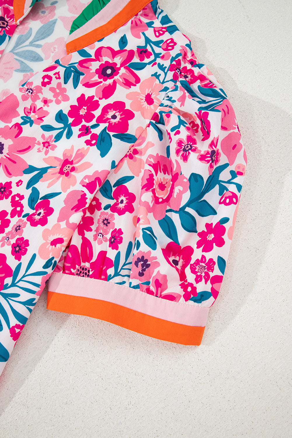 Pink Floral Print Striped Trim Puff Sleeve Blouse