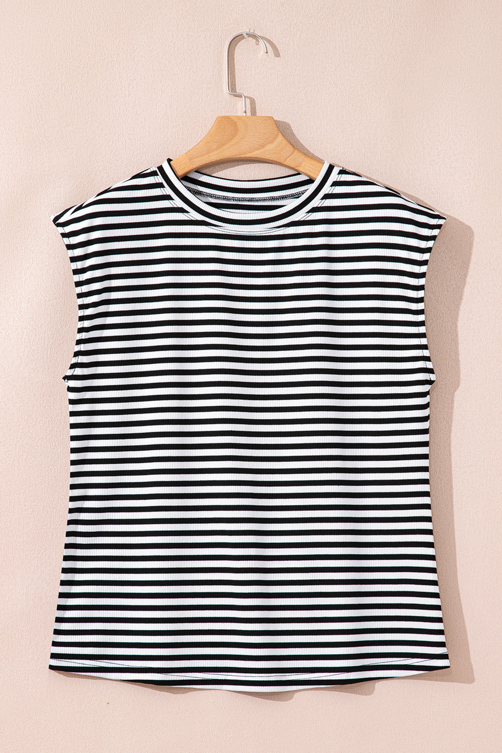 Red Stripe Ribbed Cap Sleeve Round Neck T Shirt
