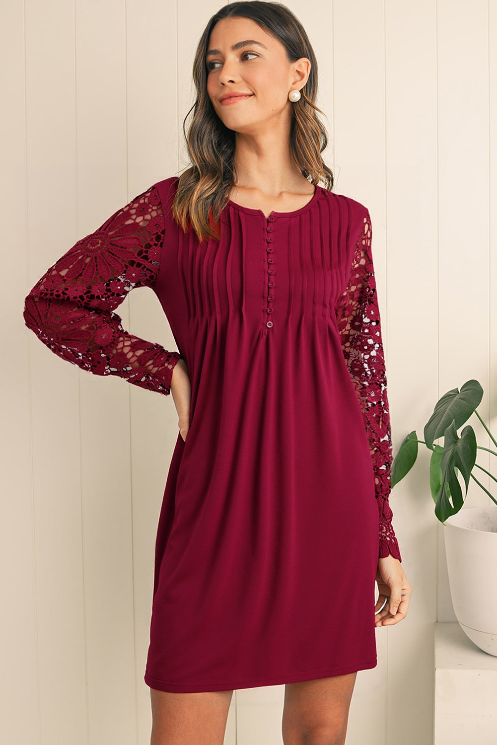 Burgundy Pleated Lace Sleeve Shift Mini Dress