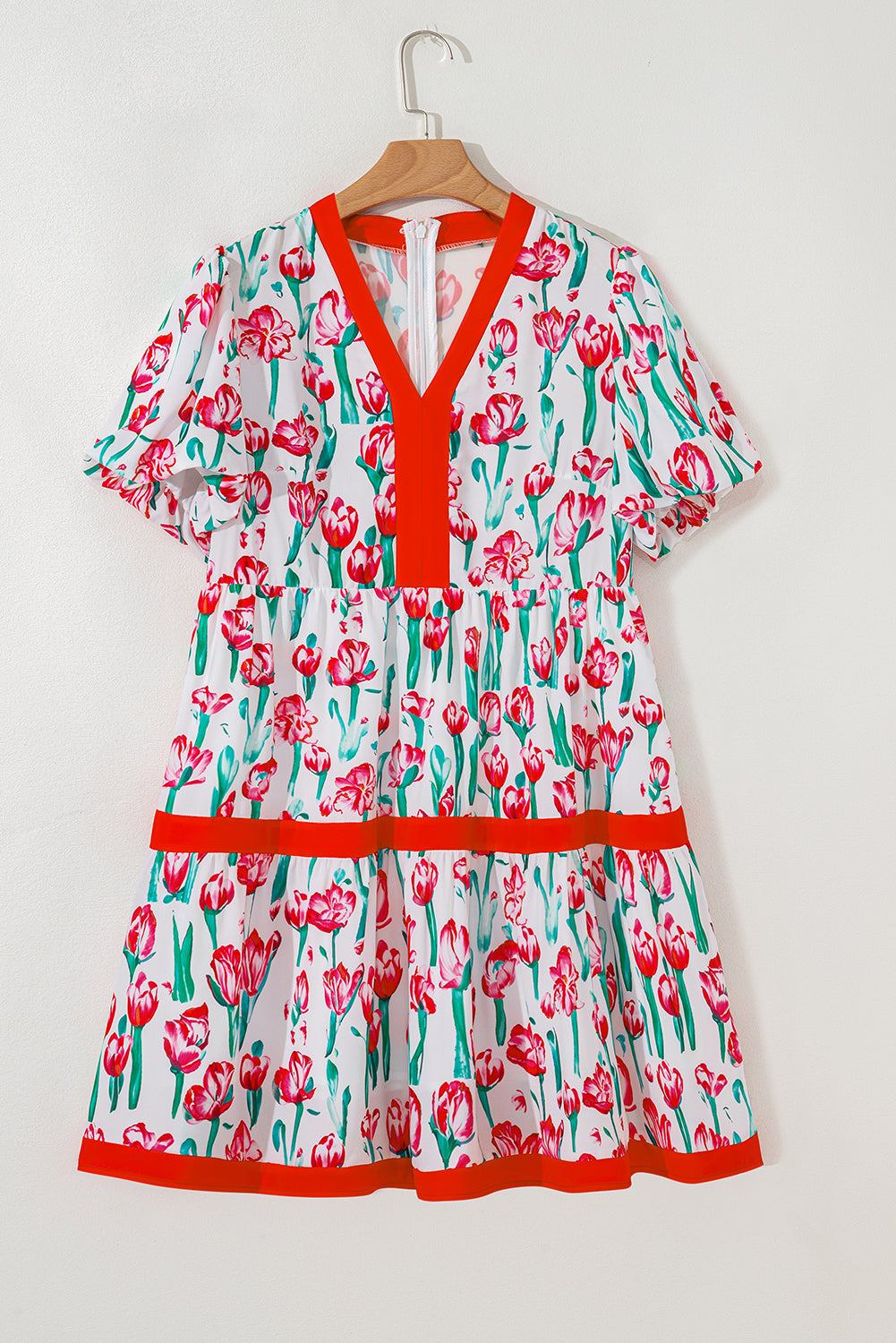 Pink Floral Print Bubble Sleeve Babydoll Pop of Color Neckline Dress