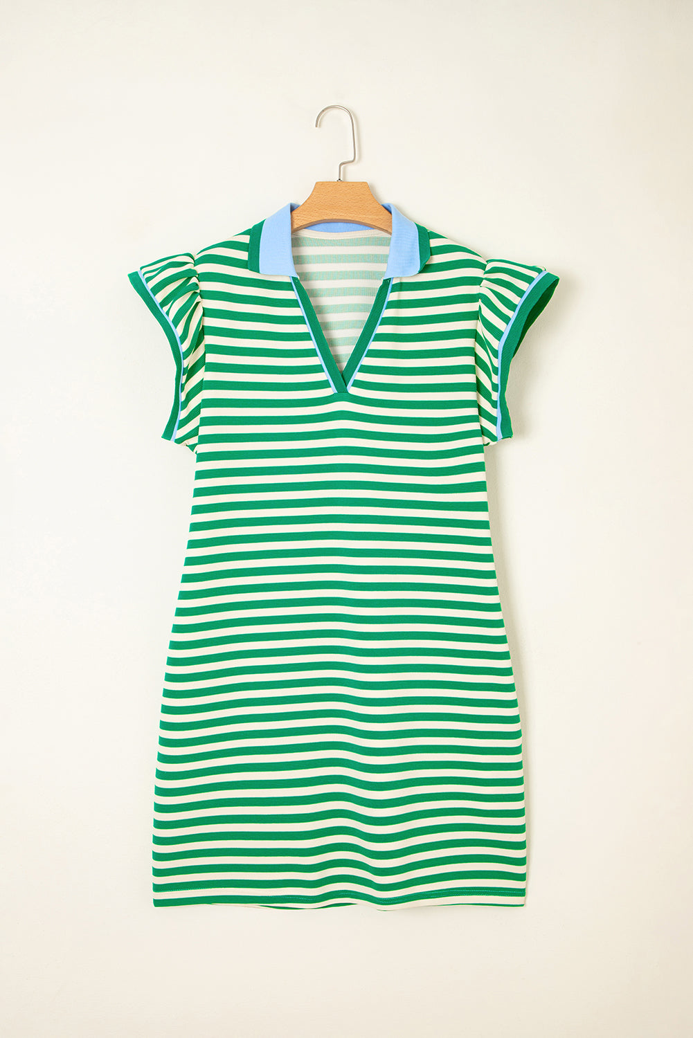 Dark Blue Striped Ruffle Short Sleeve Pop of Color Neckline Dress