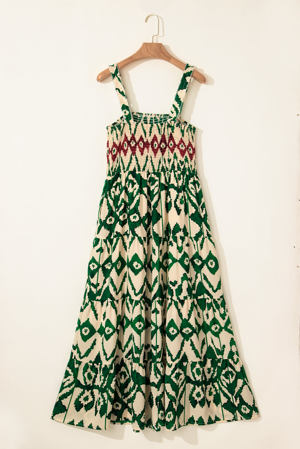Green Boho Shirred A line Sleeveless Maxi Dress