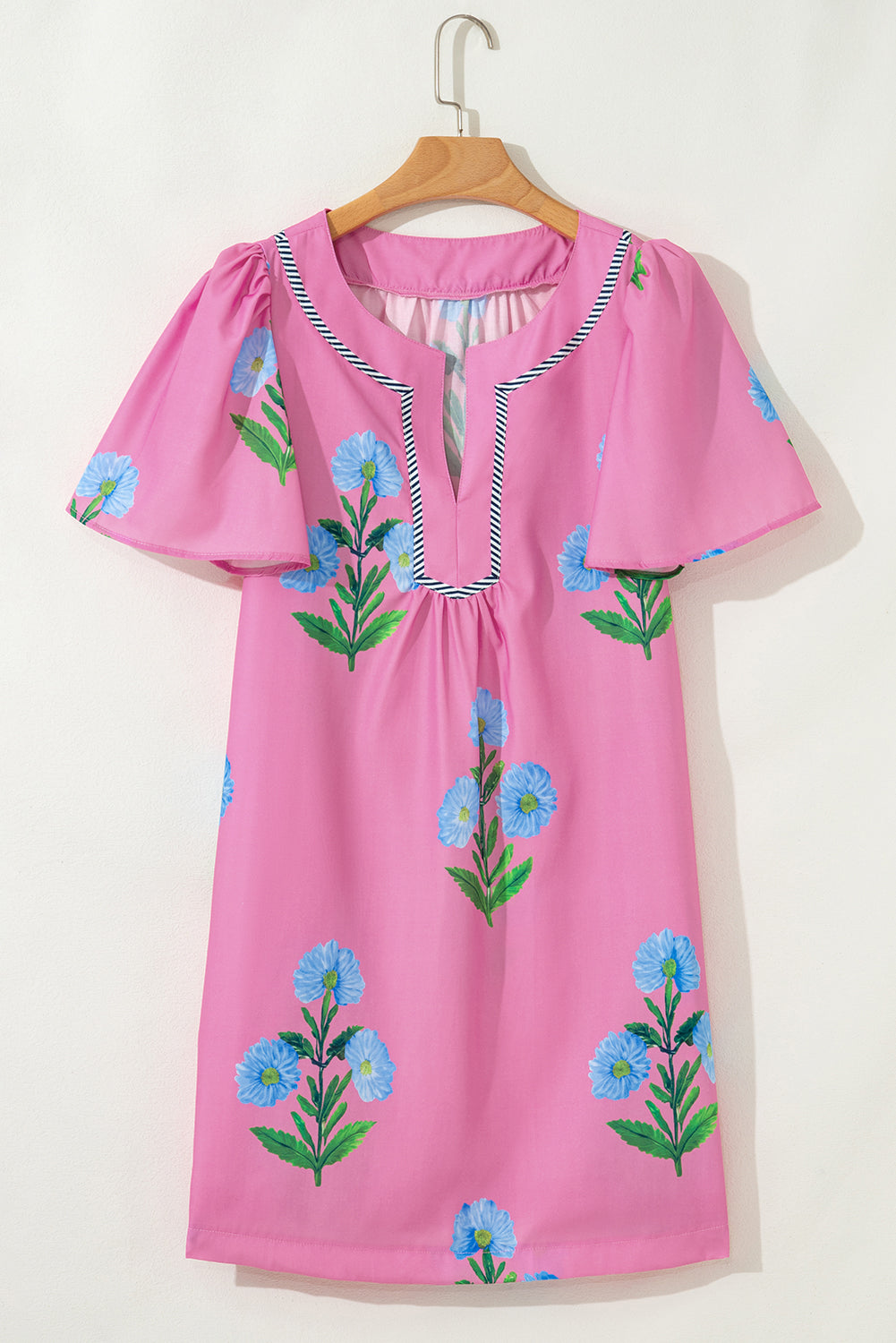 Blue Striped Trim Short Sleeve Split Neck Floral Mini Dress