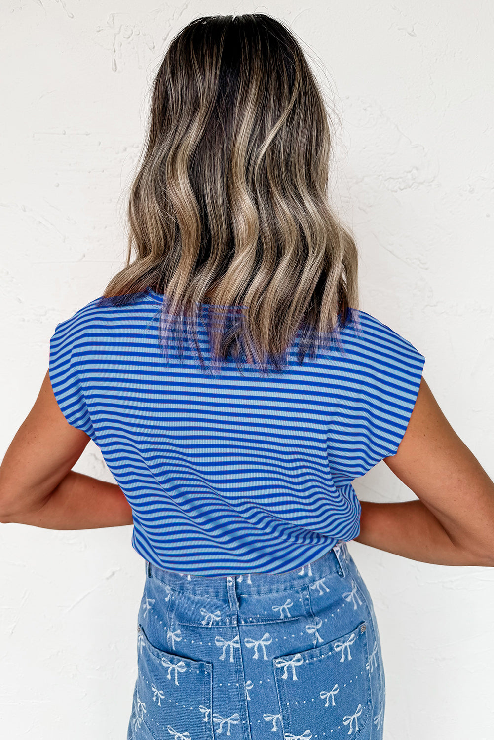Red Stripe Ribbed Cap Sleeve Round Neck T Shirt