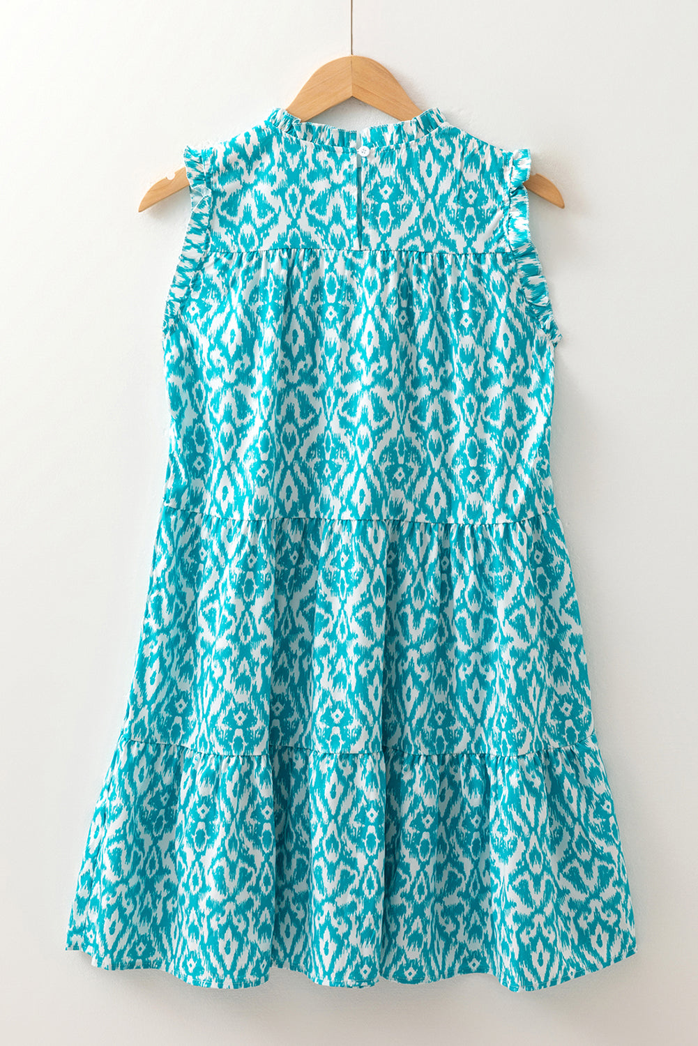 Sky Blue Boho Frill Stand Neck Sleeveless Mini Dress