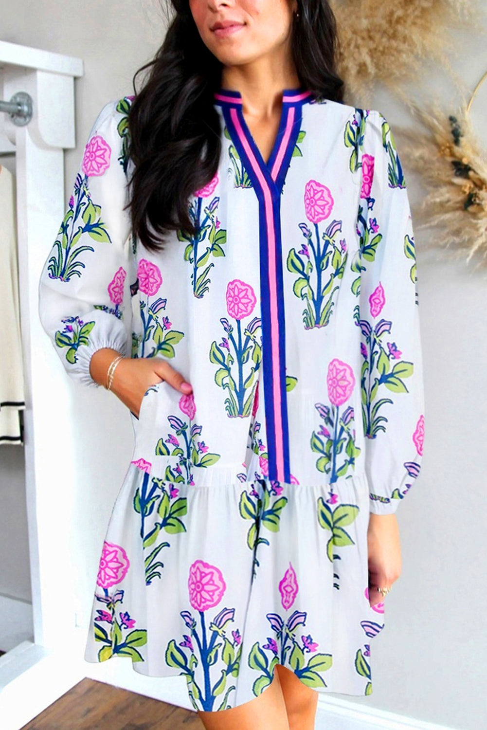 Sky Blue Floral Print Pop of Color V Neck Mini Dress
