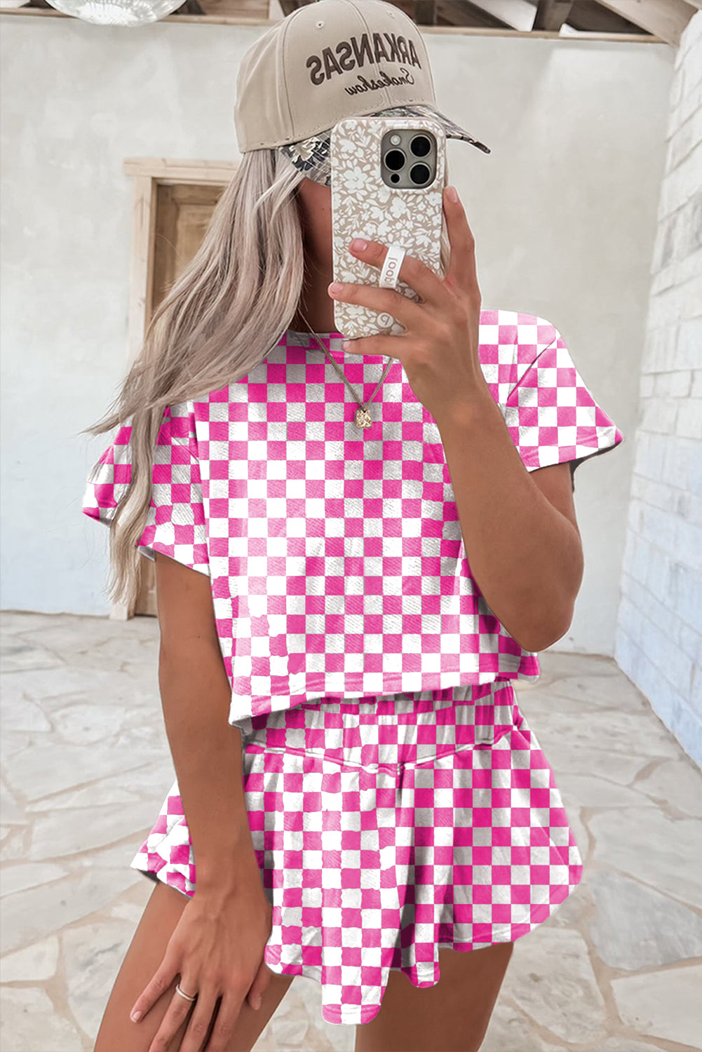 Black Checkerboard T Shirt and High Waist Skorts Set
