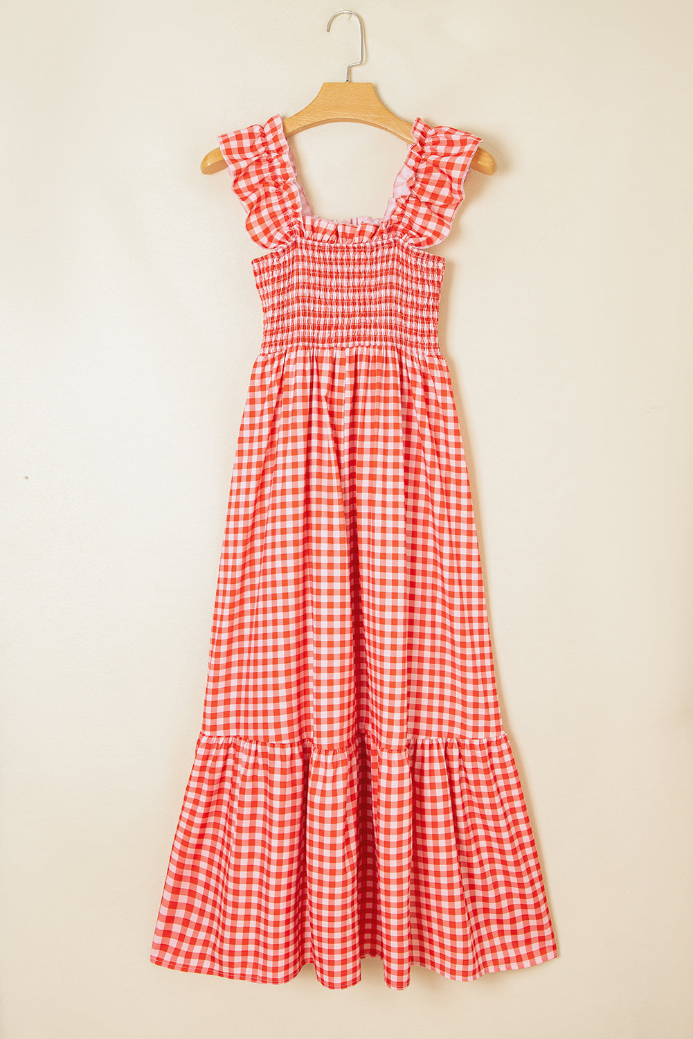 Red Plaid Square Neck Sleeveless Maxi Dress