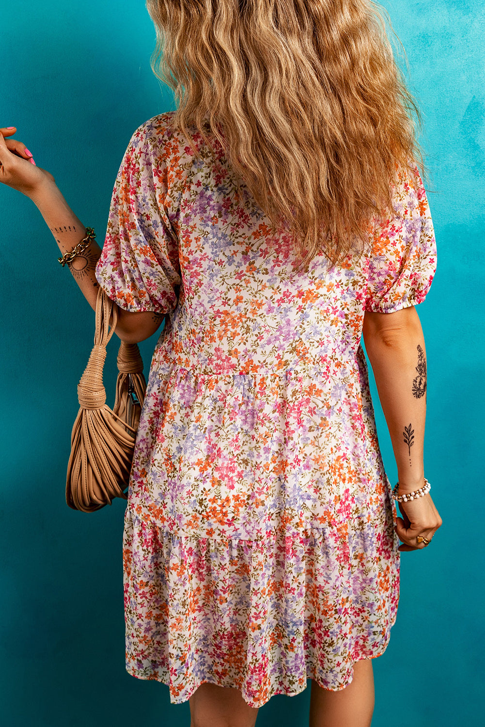Red Floral Print Notched V Neck Puff Sleeve Tiered Mini Dress