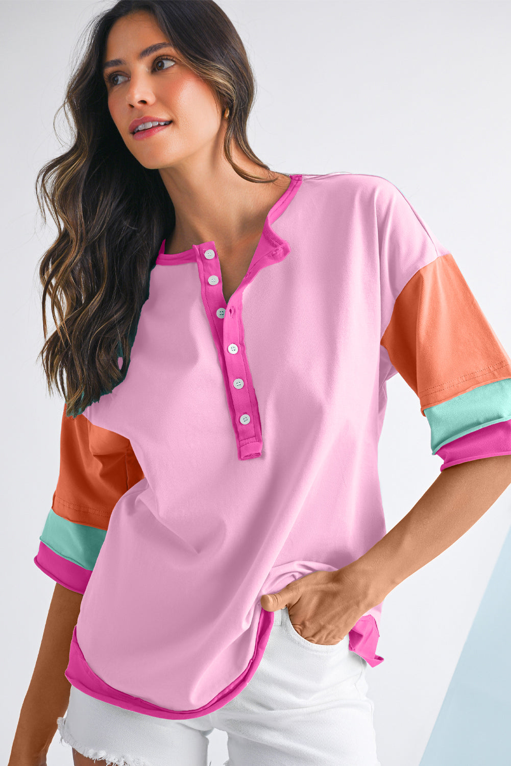 Mint Green Solid Color Half Sleeve Henley Top
