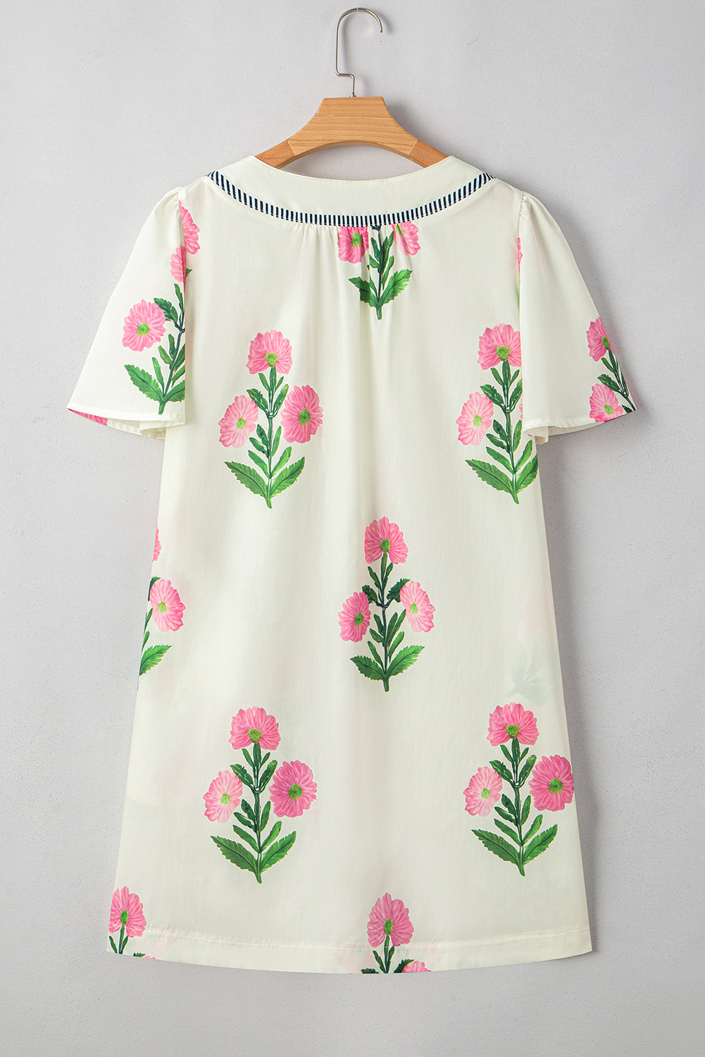 Blue Striped Trim Short Sleeve Split Neck Floral Mini Dress