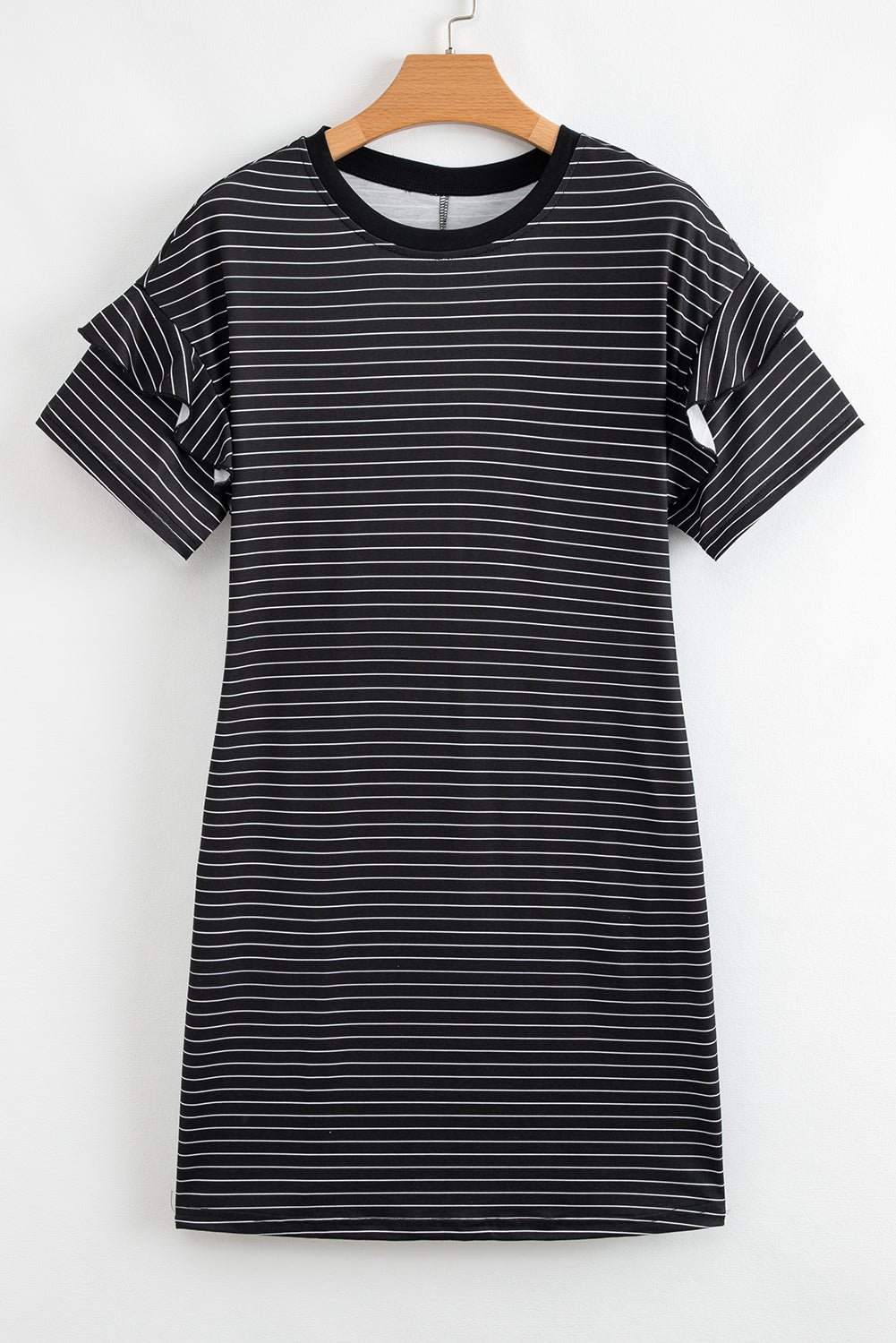 Green Stripe Ruffle Short Sleeve T Shirt Mini Dress