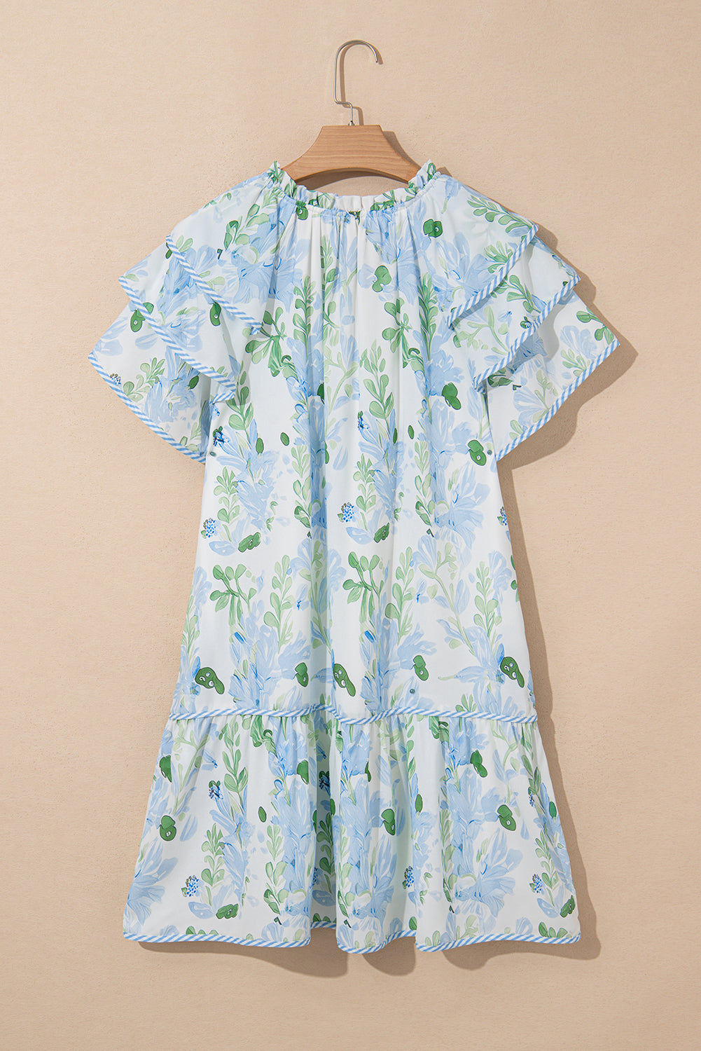 Orange Floral Contrast Edge Ruffle Sleeve Tie Neck Mini Dress