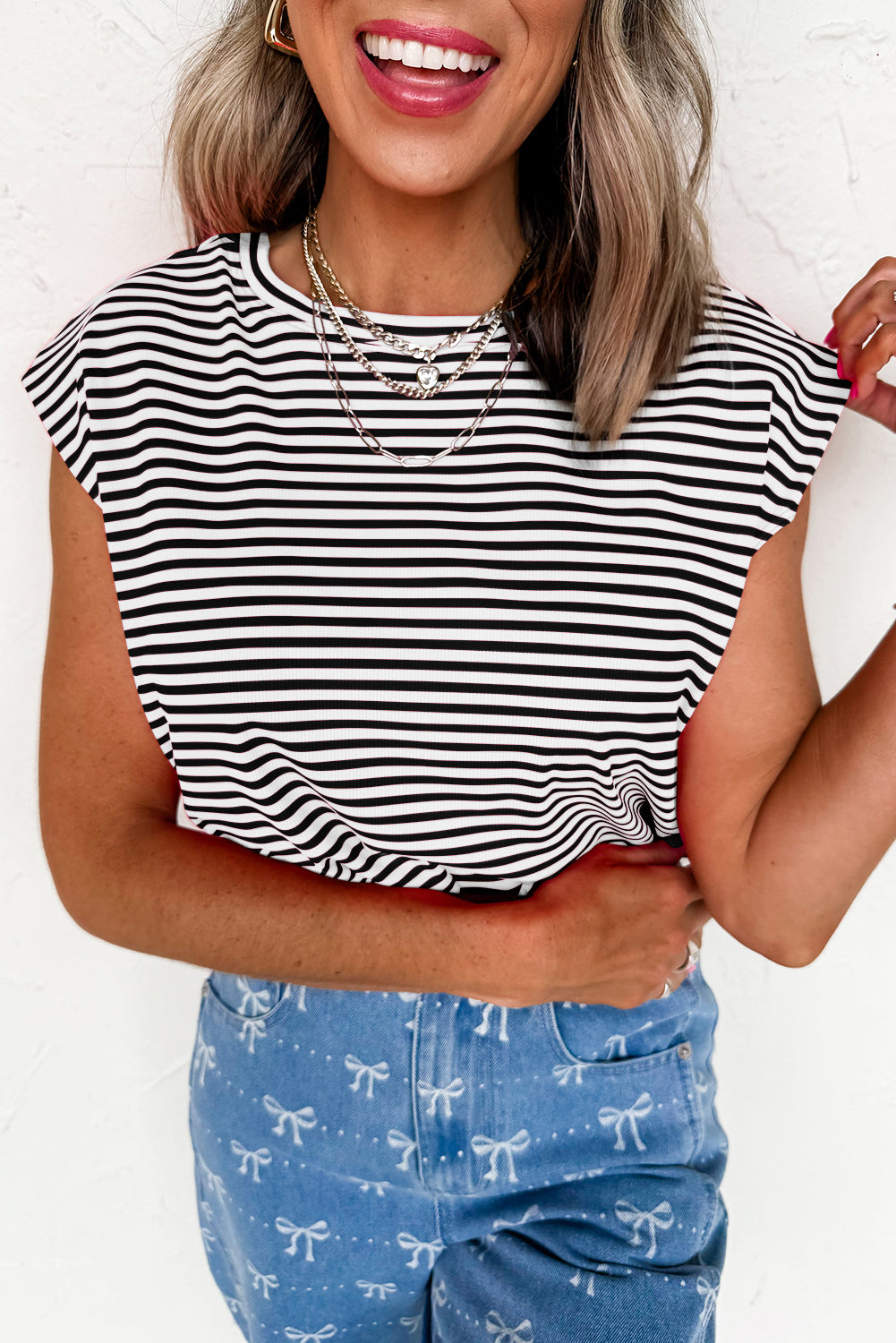 Red Stripe Ribbed Cap Sleeve Round Neck T Shirt