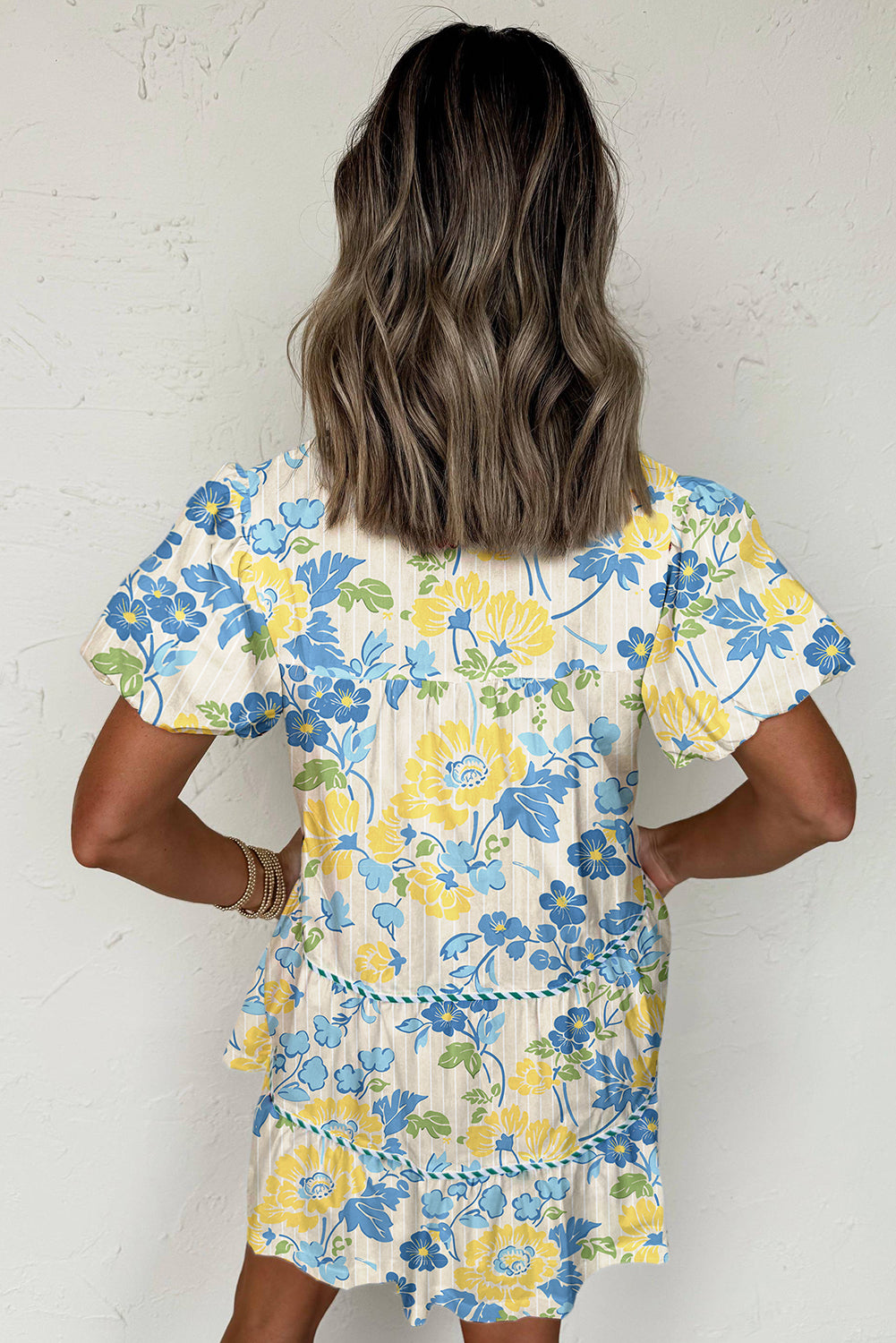 Blue Floral Print Striped Trim Puff Sleeve Mini Dress