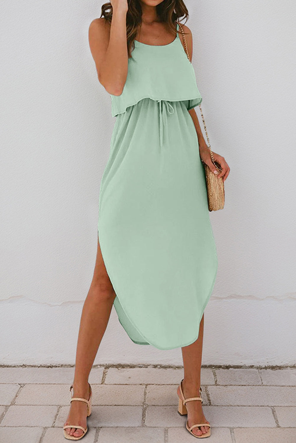 Clearly Aqua Irregular Split Spaghetti Strap Midi Dress