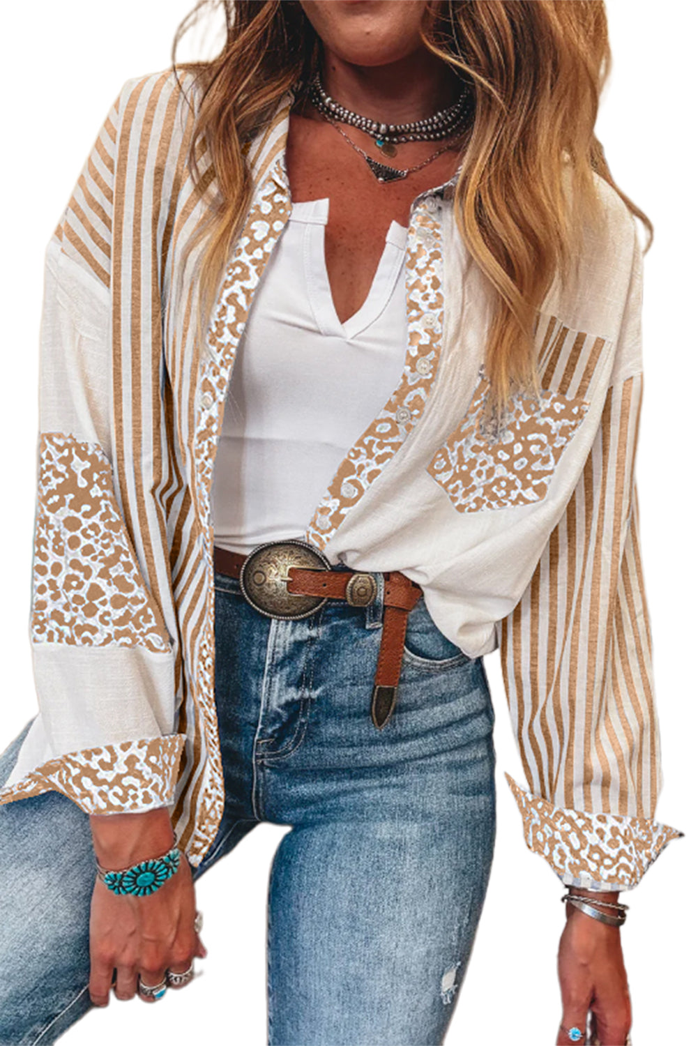 Sky Blue Leopard Striped Patchwork Button-up Shirt