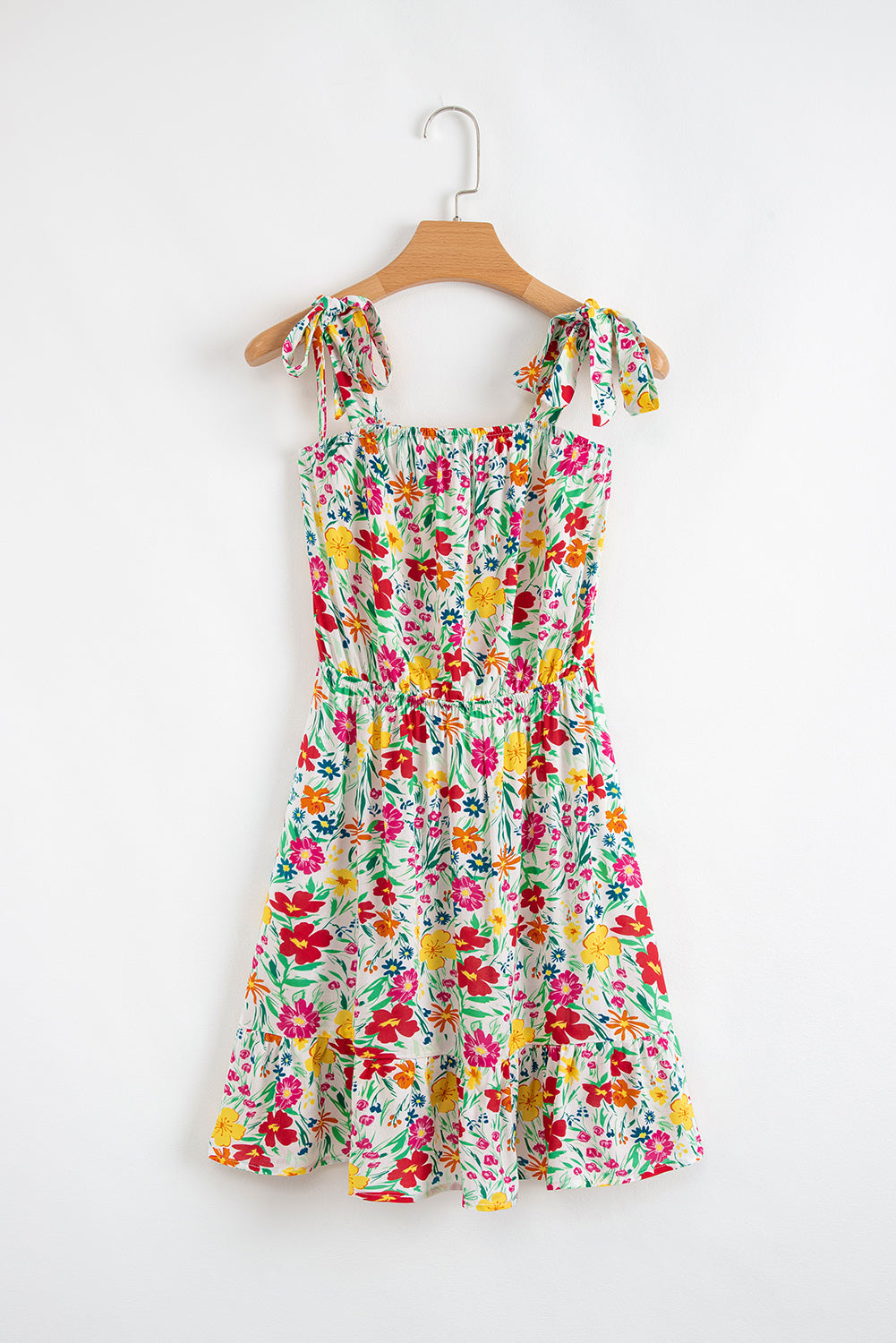Red Floral Print Knotted Strap Cinched Waist Ruffle Hem Mini Dress