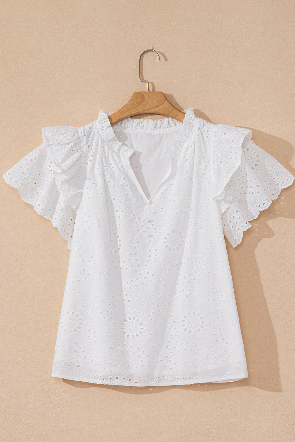 White Eyelet Flutter Sleeve V Neck Blouse