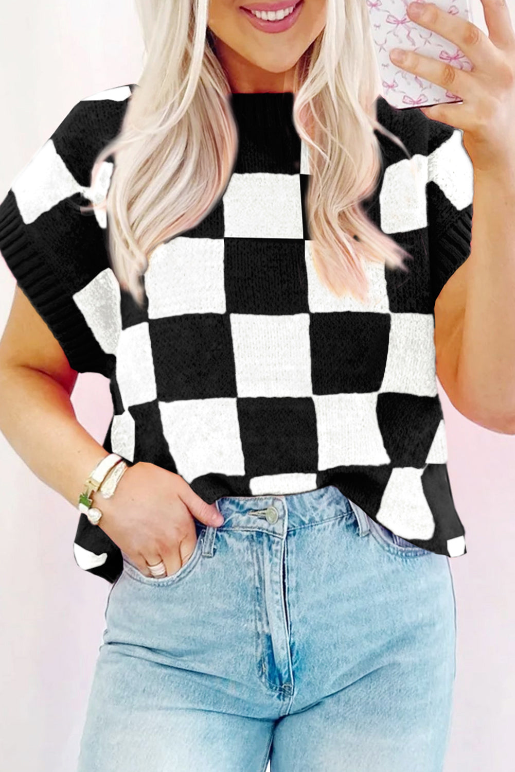 Light French Beige Checkered Knit Dolman Short Sleeve Sweater