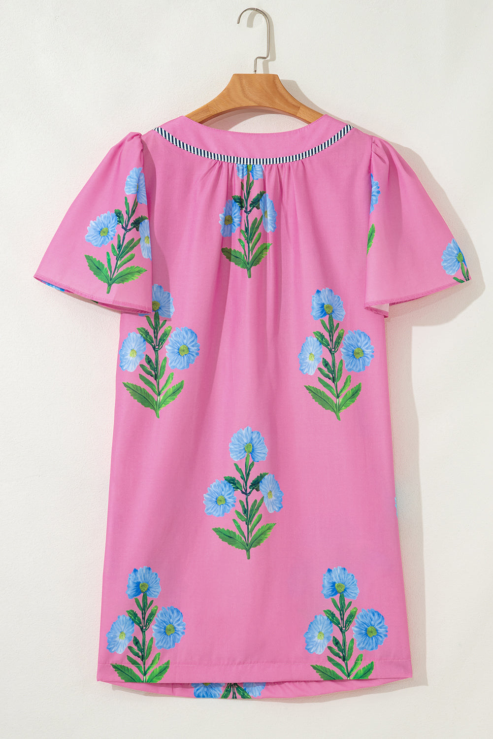 Blue Striped Trim Short Sleeve Split Neck Floral Mini Dress