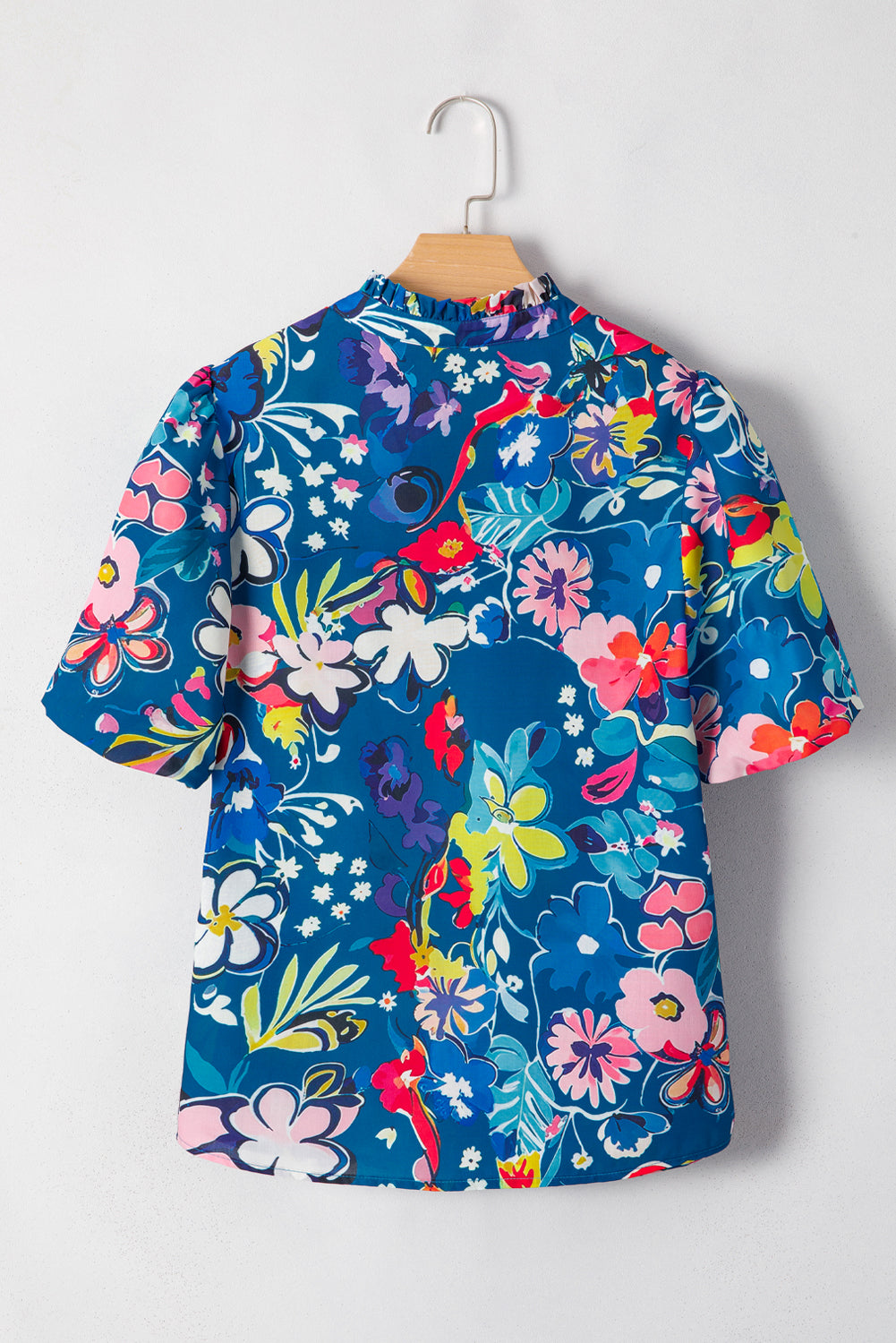 Blue Flower Print Notch V Neck Puff Sleeve Babydoll Blouse