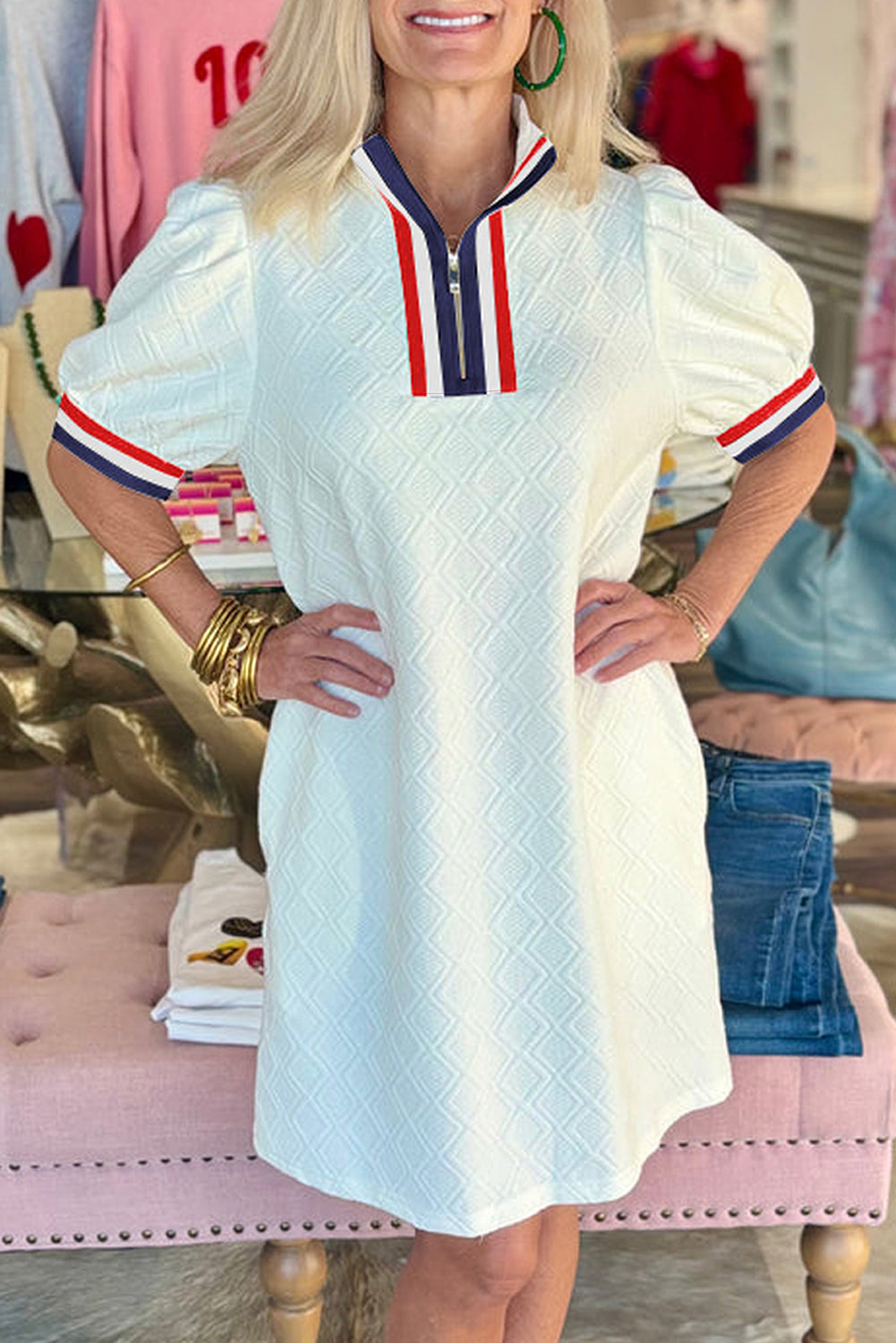 White Pop of Color Neckline Checkered Textured Puff Sleeve Mini Dress