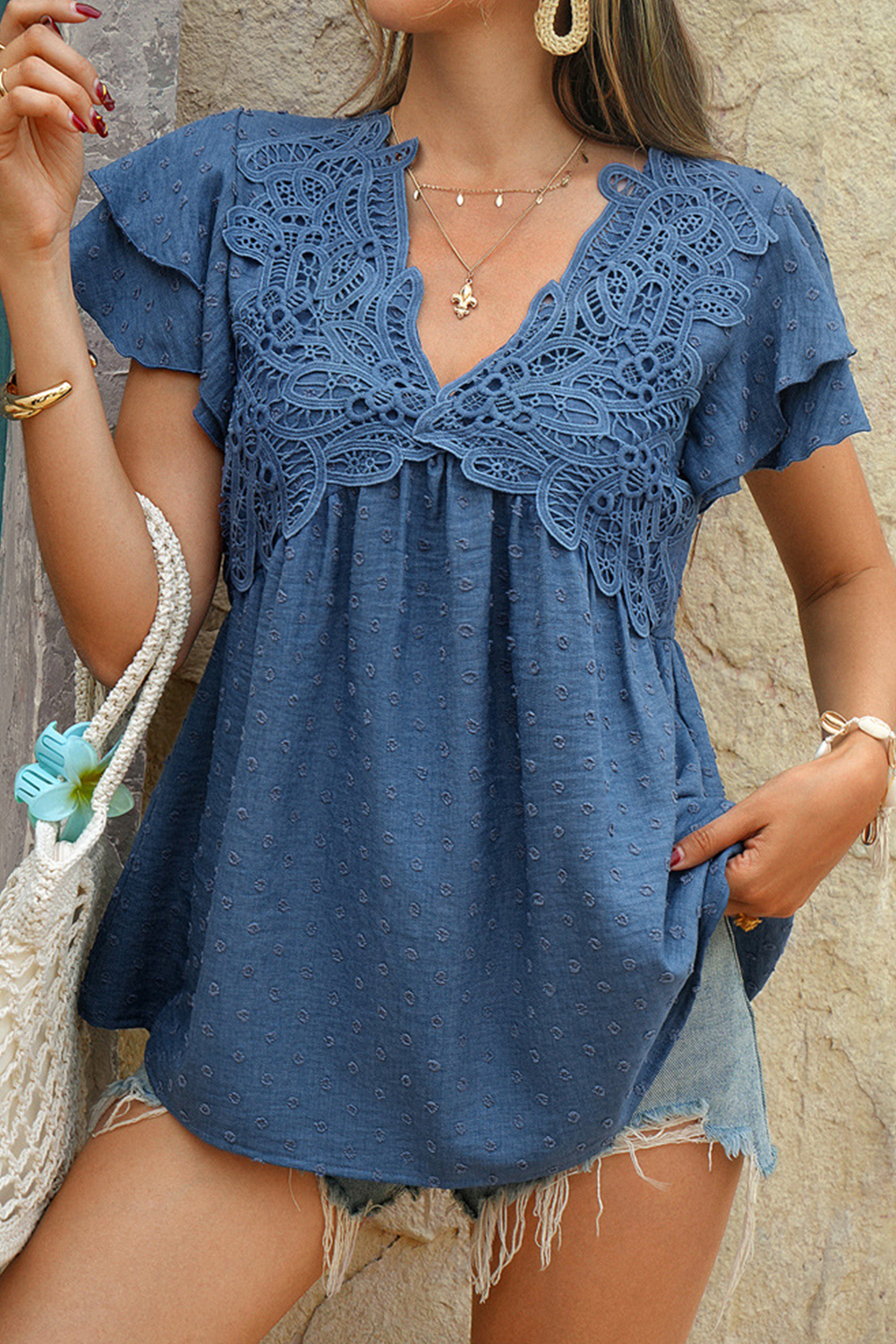 Sail Blue Swiss Dot Lace Floral V Neck Ruffle Sleeve Blouse
