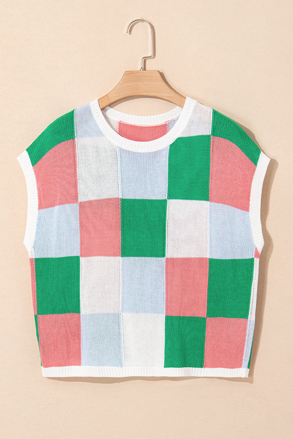 Grapefruit Orange Checkered Color Block Cap Sleeve Knitted Top