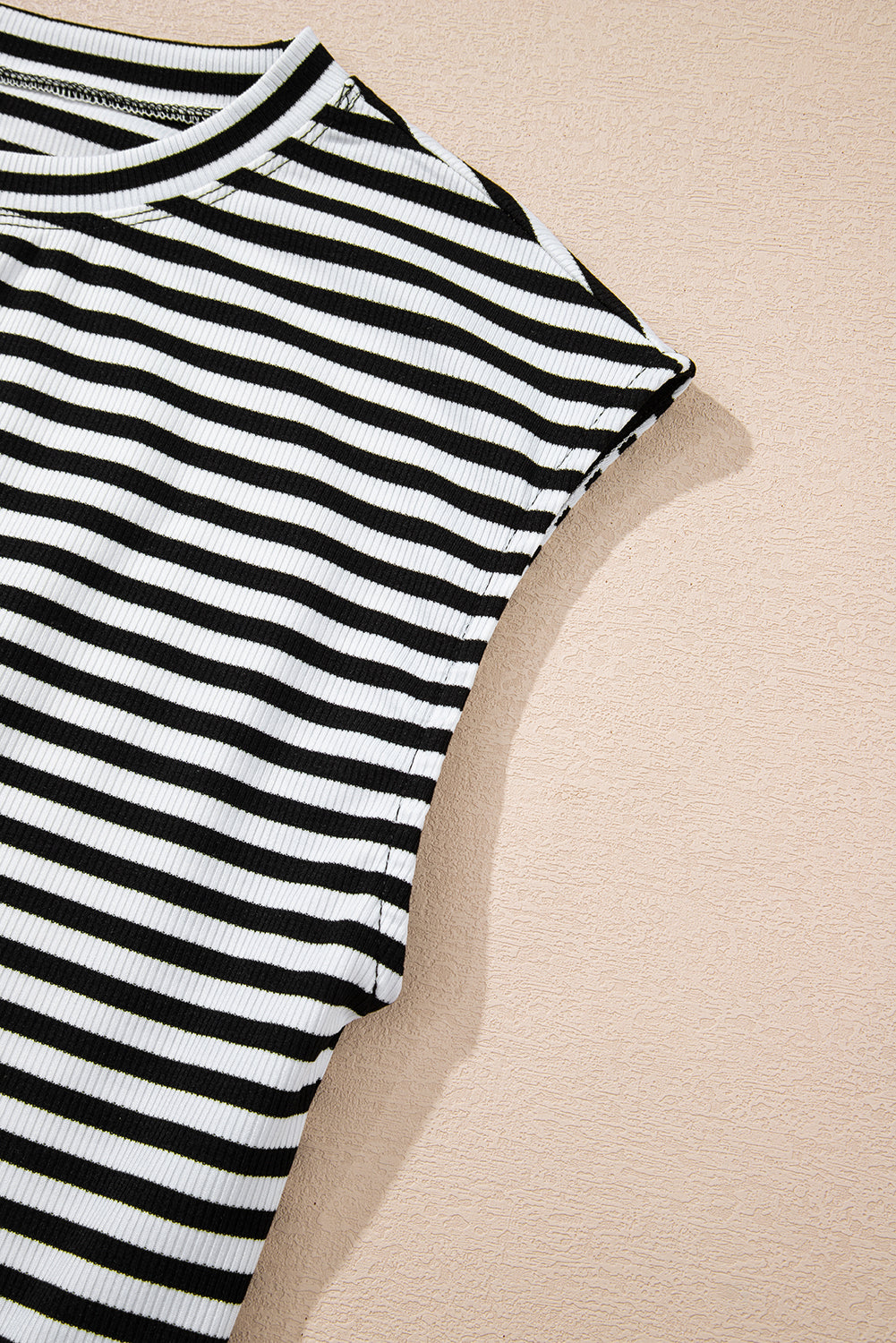 Red Stripe Ribbed Cap Sleeve Round Neck T Shirt