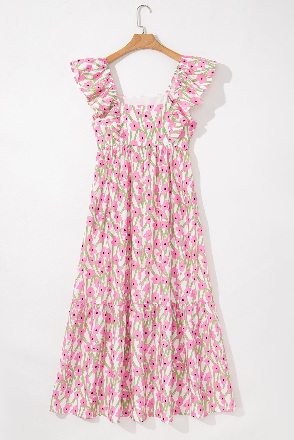 Blue Floral Print Square Neck Ruffled Strap Maxi Dress