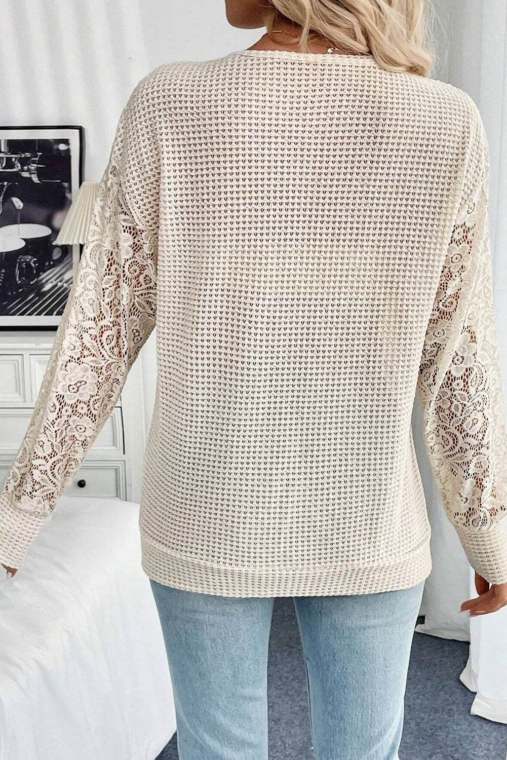 Beige Waffle V Neck Patchwork Lace Long Sleeve Top