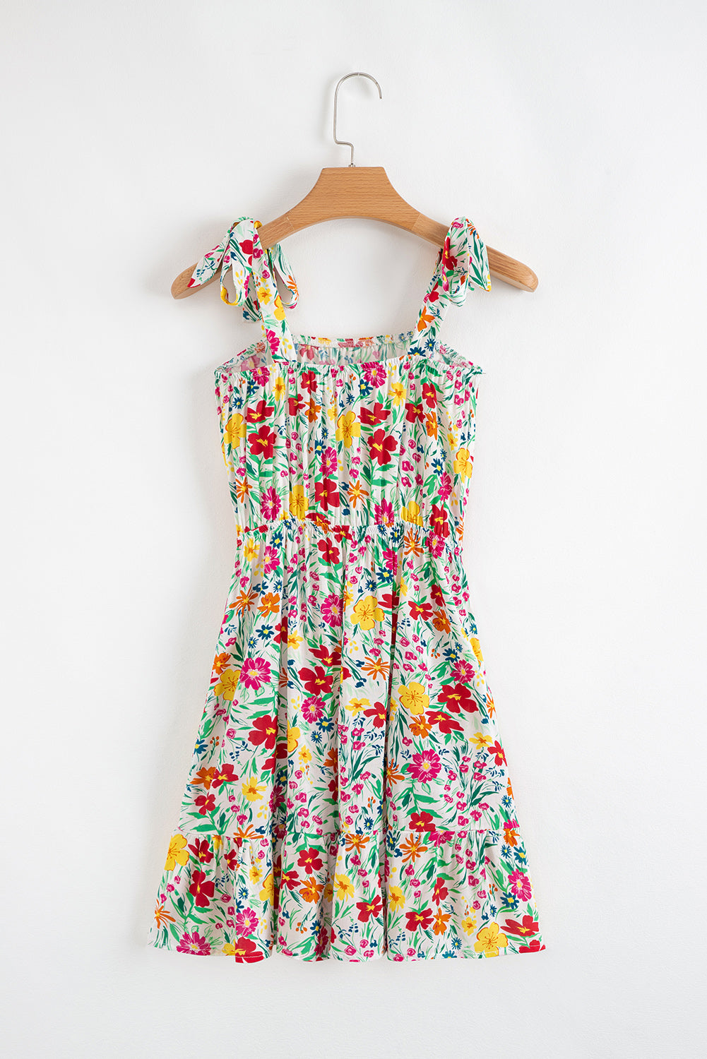 Red Floral Print Knotted Strap Cinched Waist Ruffle Hem Mini Dress