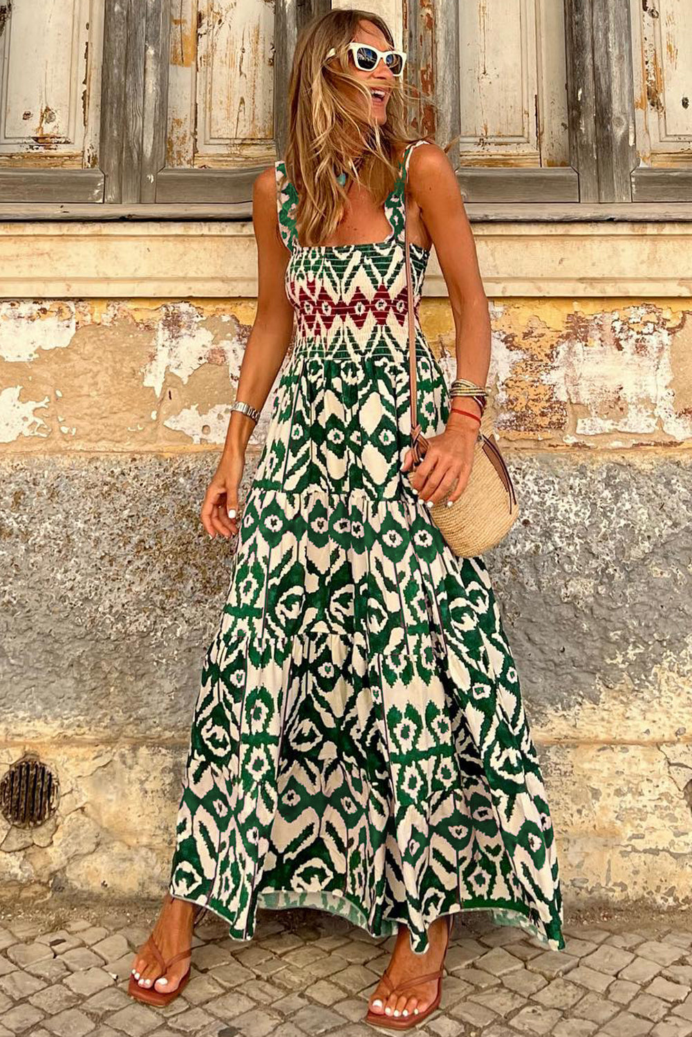 Green Boho Shirred A line Sleeveless Maxi Dress