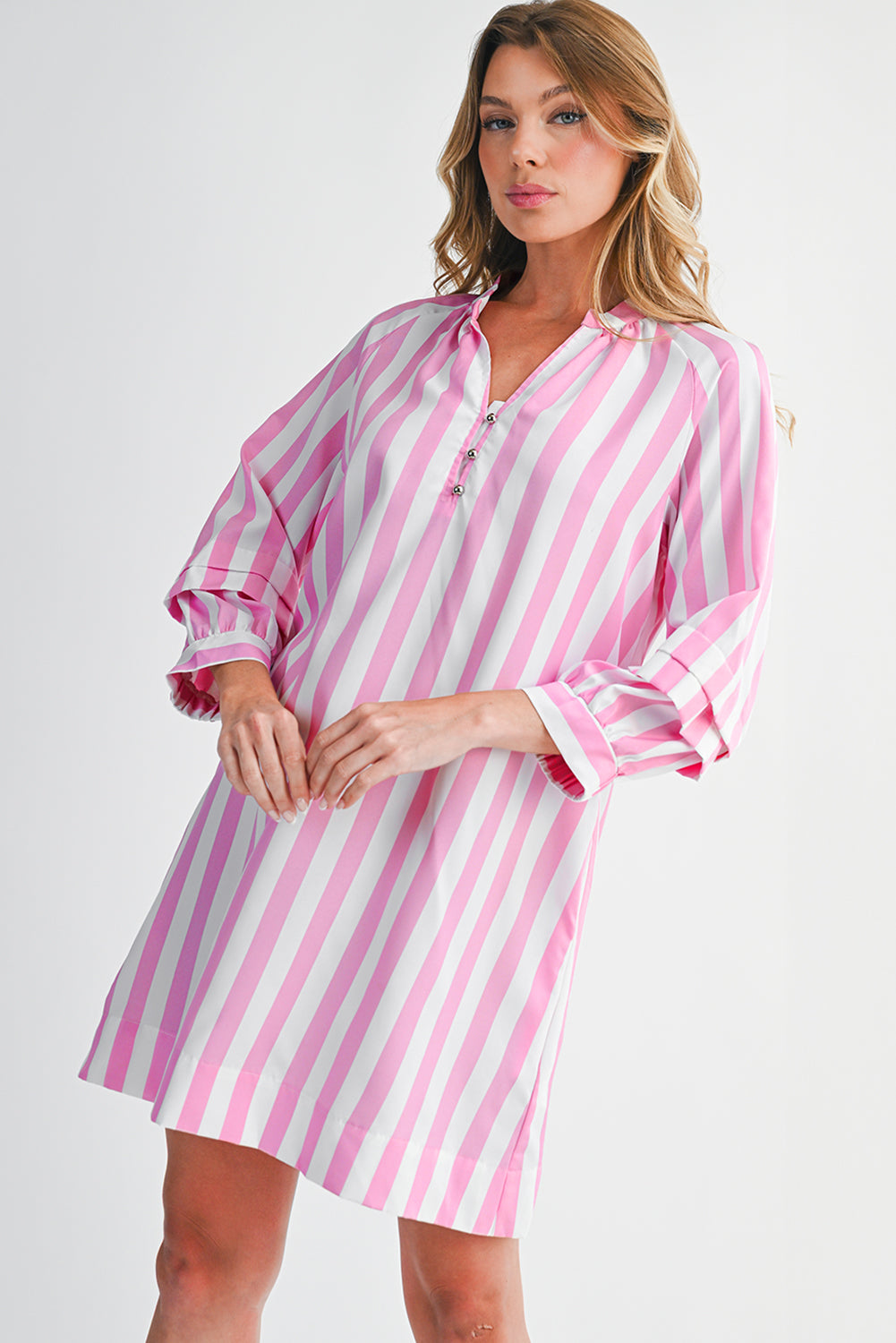 Rose Striped Long Sleeve Buttons Loose Mini Dress