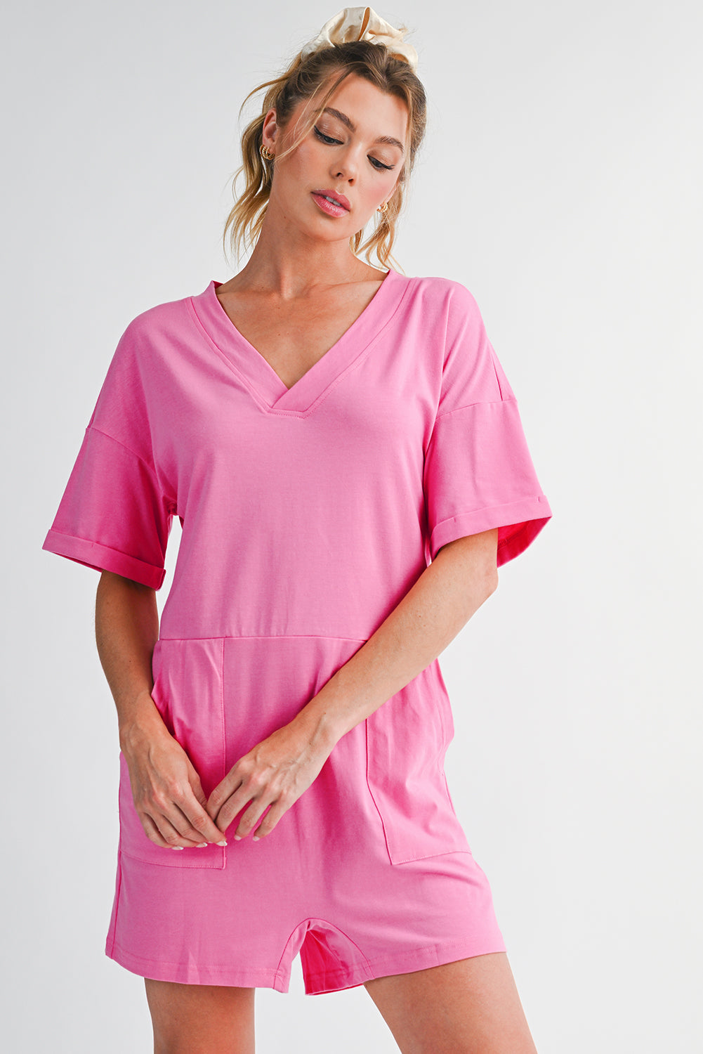 Myosotis Loose Half Sleeve V Neck Plain Romper