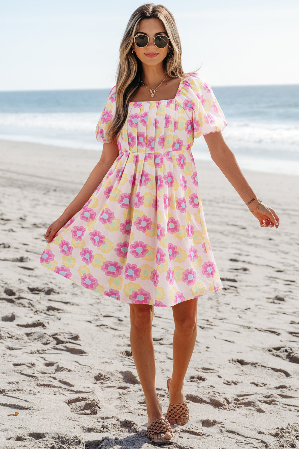 Rose Vibrant Floral Puff Sleeve Pleated Flared Mini Dress