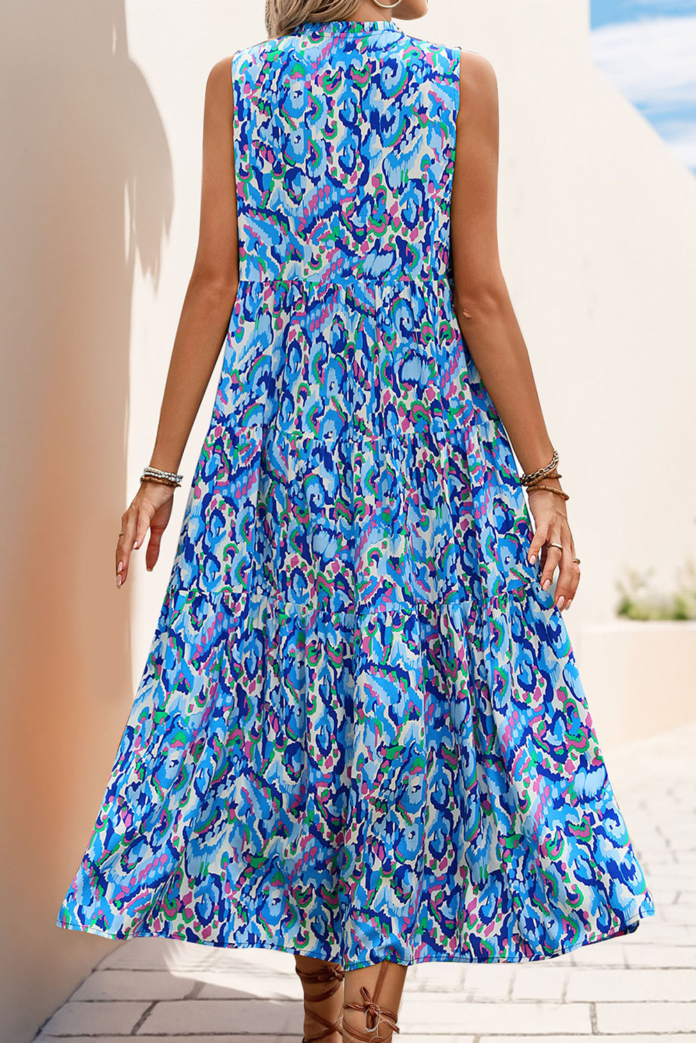 Blue Abstract Print Tassel Tie Neck Side Slit Sleeveless Midi Dress