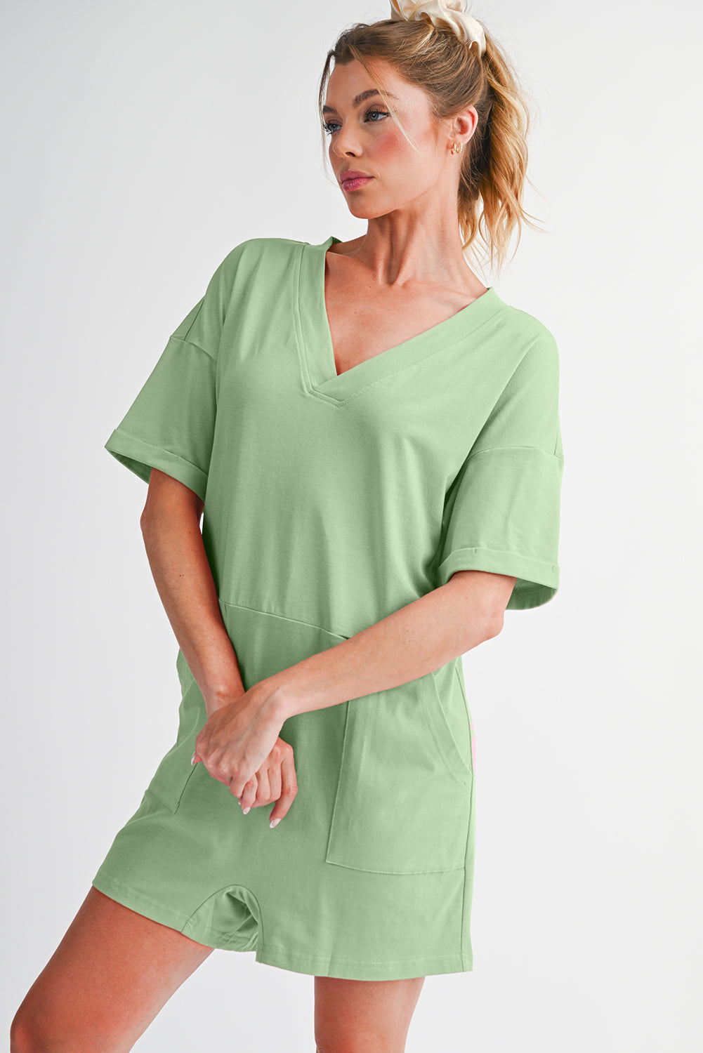 Myosotis Loose Half Sleeve V Neck Plain Romper