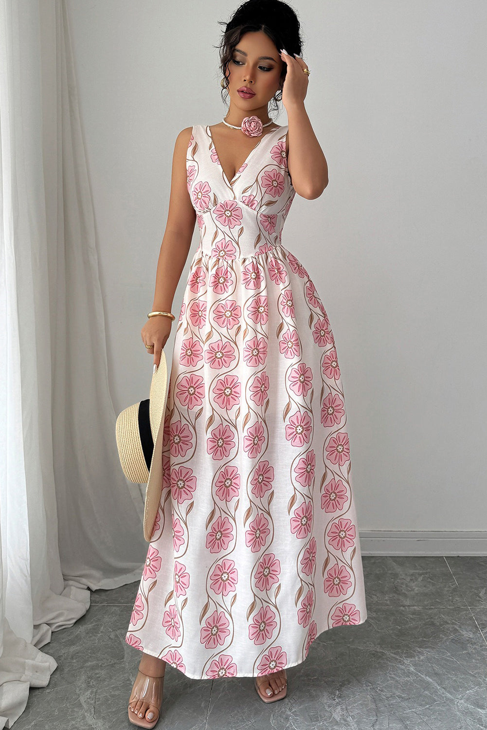Pink Floral Print V Neck Sleeveless Maxi Dress