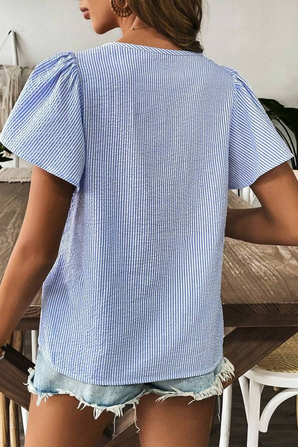 Sky Blue Striped Crochet Applique Boho Blouse